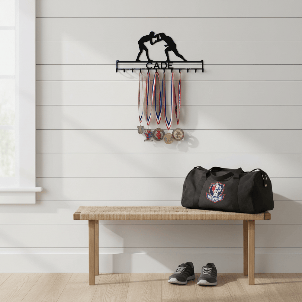 Rusty Rooster Fabrication & Design Physical product Personalized Wrestling Medal Holder – 12-Hook Rack (M27)