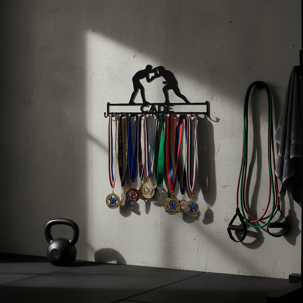 Rusty Rooster Fabrication & Design Physical product Personalized Wrestling Medal Holder – 12-Hook Rack (M27)