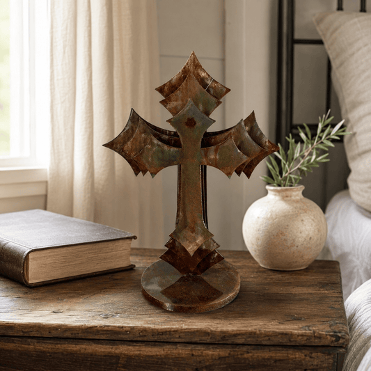 Rust Patina Small 3-Layer Freestanding Metal Cross – Rust Patina