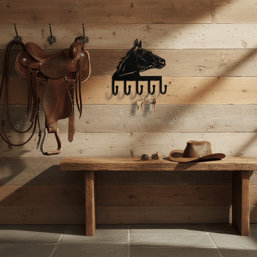 Rusty Rooster Fabrication & Design Physical product “Rustic Horse Head Key Holder with Five Hooks - E52 | Vintage Wall Mounted Organizer”