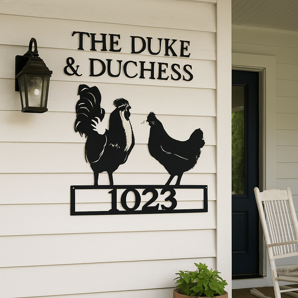 Rusty Rooster Fabrication & Design Physical product The Duke & Duchess” Rooster & Hen Sign – Personalized Farmhouse Metal Art (H17)