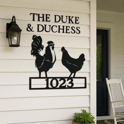 Rusty Rooster Fabrication & Design Physical product The Duke & Duchess” Rooster & Hen Sign – Personalized Farmhouse Metal Art (H17)