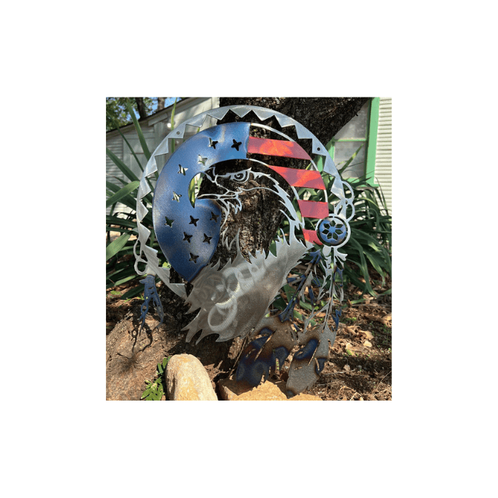 Rusty Rooster Fabrication & Design Physical product Tribal American Eagle with Feathers and Wrapped in Old Glory - Unique Metal Art C84