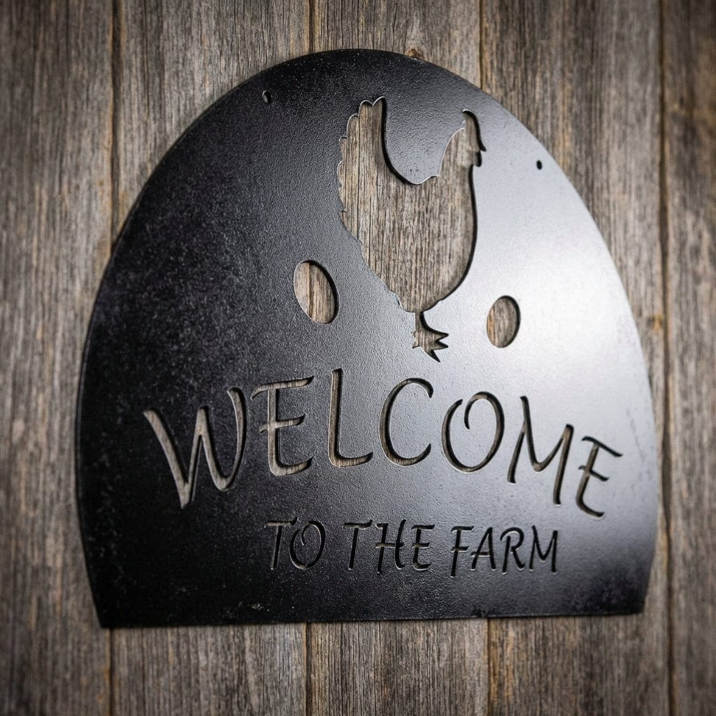 Rusty Rooster Fabrication & Design Physical product Welcome to the Farm Metal Sign with Chickens and Eggs (F49)