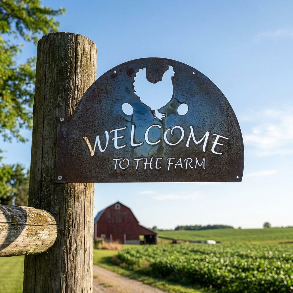 Rusty Rooster Fabrication & Design Physical product Welcome to the Farm Metal Sign with Chickens and Eggs (F49)
