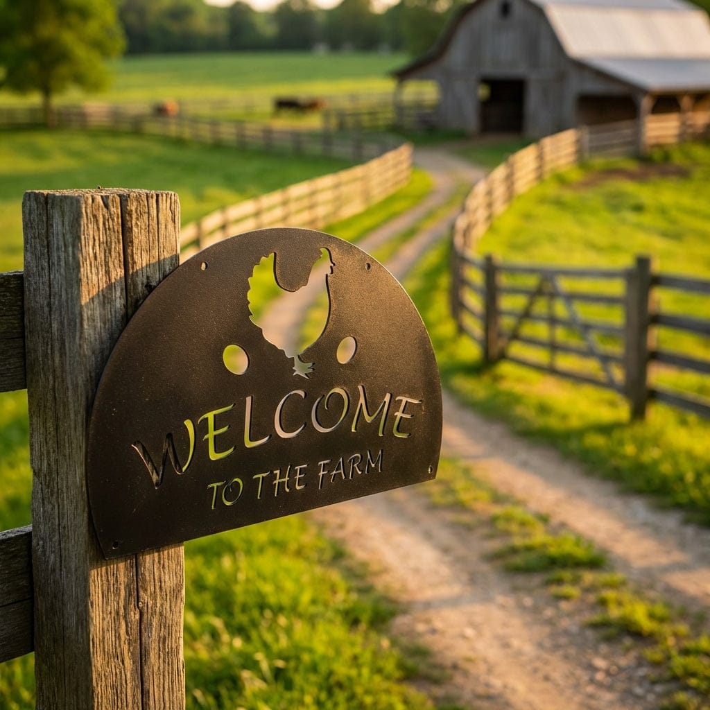 Rusty Rooster Fabrication & Design Physical product Welcome to the Farm Metal Sign with Chickens and Eggs (F49)