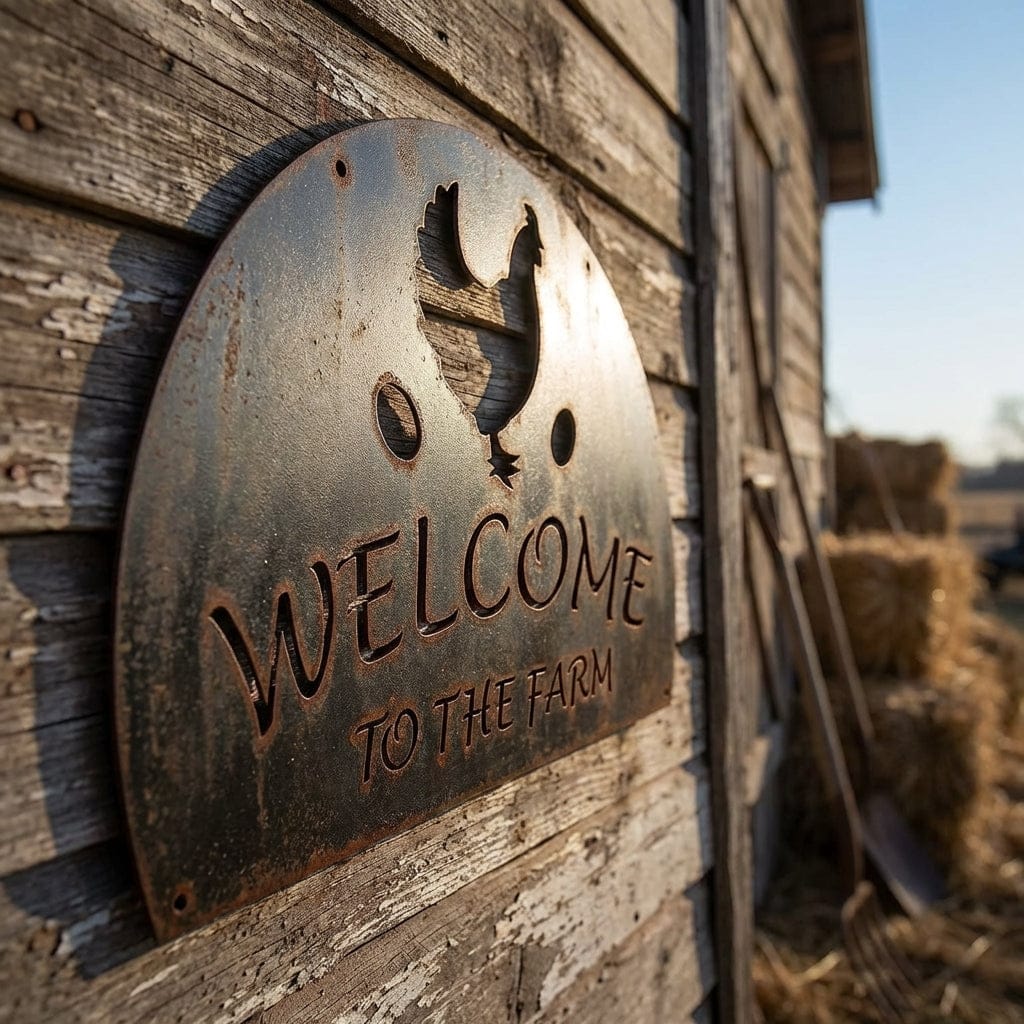 Rusty Rooster Fabrication & Design Physical product Welcome to the Farm Metal Sign with Chickens and Eggs (F49)