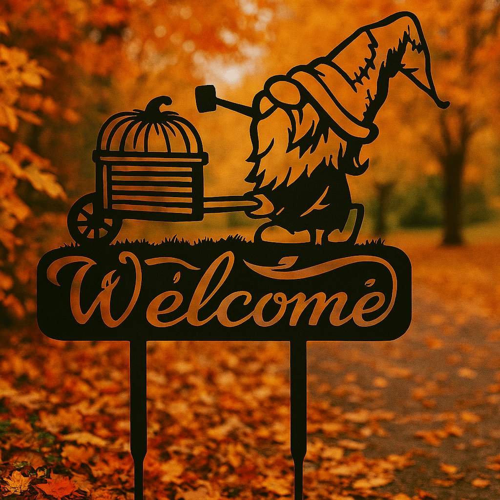 Rusty Rooster Fabrication & Design Physical product Whimsical Gnome Welcome Sign with Wheelbarrow and Pumkin - Garden Greetings (C91)