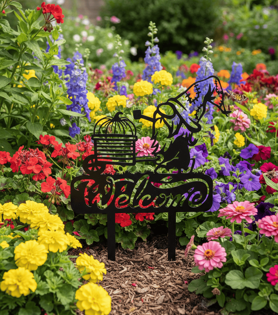 Rusty Rooster Fabrication & Design Physical product Whimsical Gnome Welcome Sign with Wheelbarrow and Pumkin - Garden Greetings (C91)