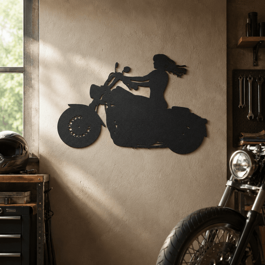 Rusty Rooster Fabrication & Design Physical product Woman Riding Motorcycle Metal Wall Art (R3)