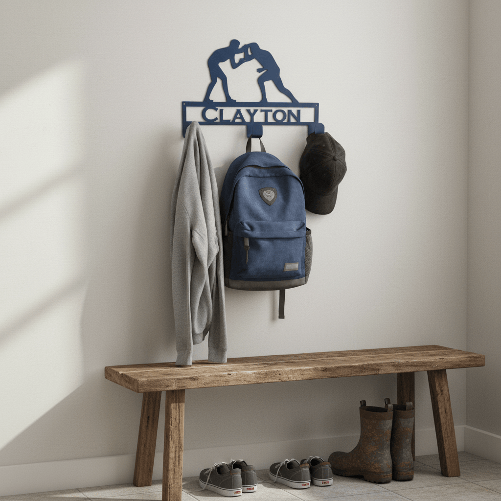 Rusty Rooster Fabrication & Design Physical product Wrestler Coat Rack with Personalized Text Field (N28)
