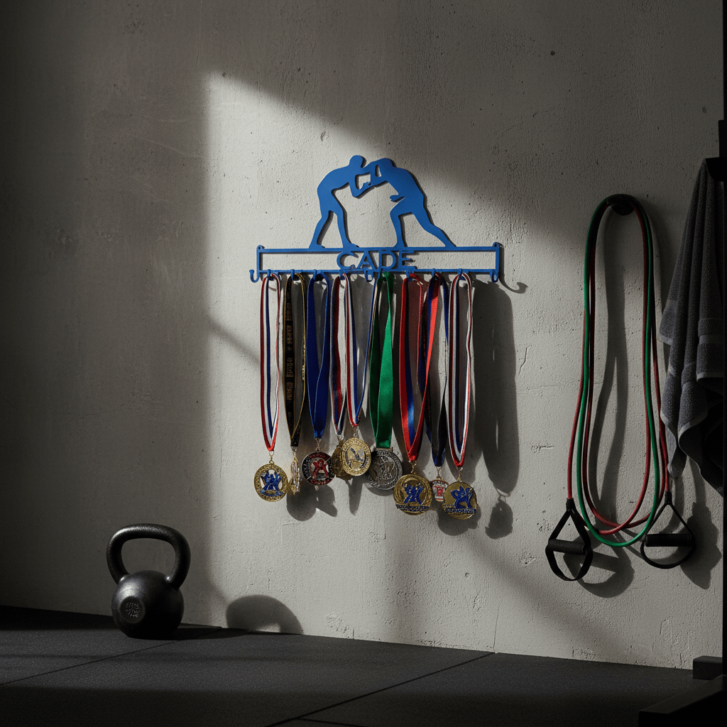 Rusty Rooster Fabrication & Design Physical product Wrestler Medal holder with Personalized Text Field (M27)