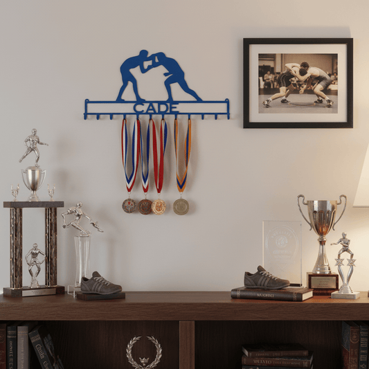 Rusty Rooster Fabrication & Design Physical product Wrestler Medal holder with Personalized Text Field (M27)