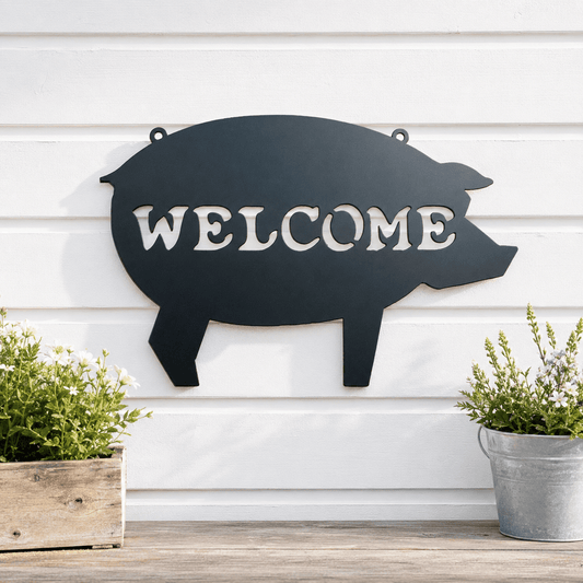 Rusty Rooster Fabrication & Design Pig Welcome Metal Sign – Farmhouse Decor (I6)