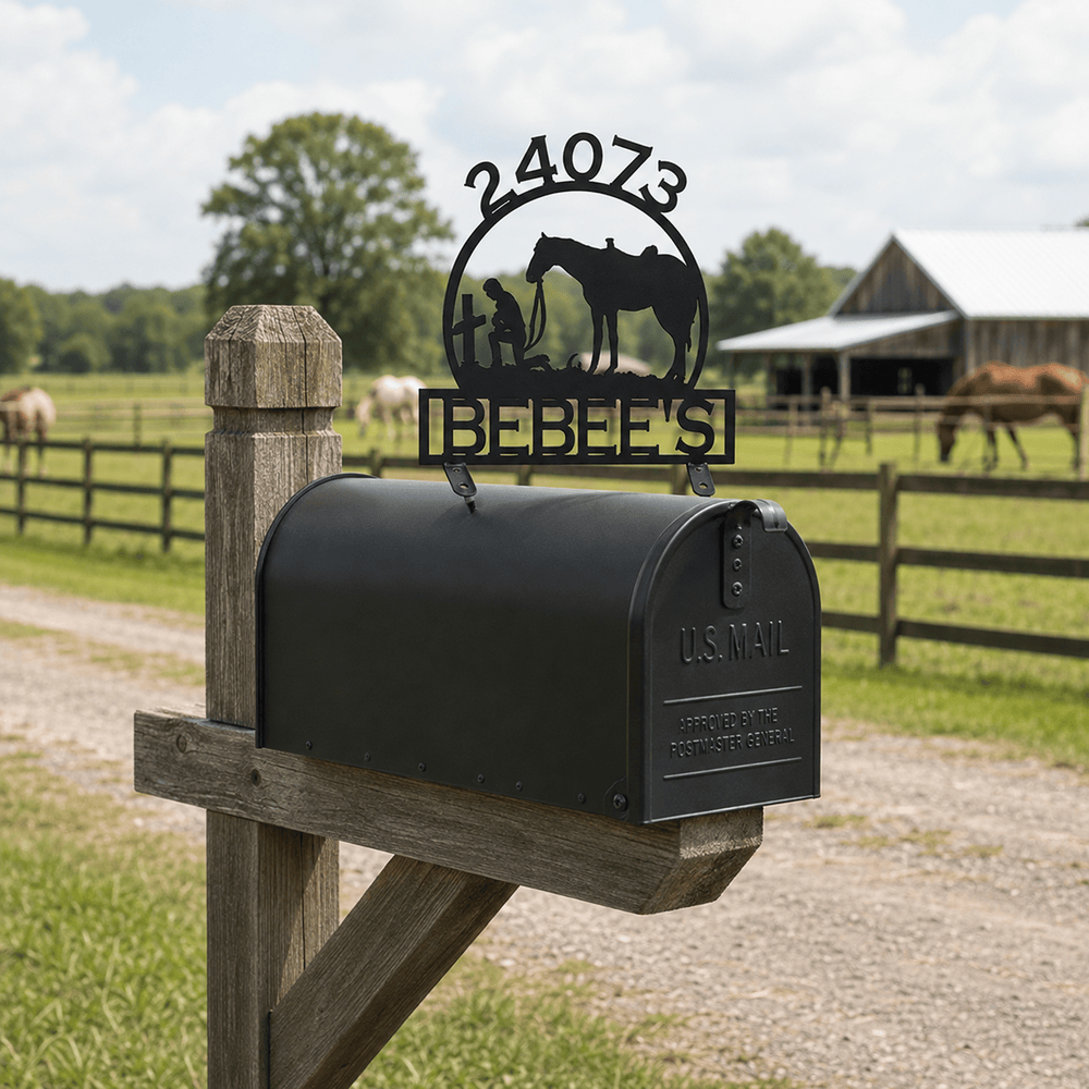 Rusty Rooster Fabrication & Design Praying Cowboy Personalized Mailbox Topper (Z28)