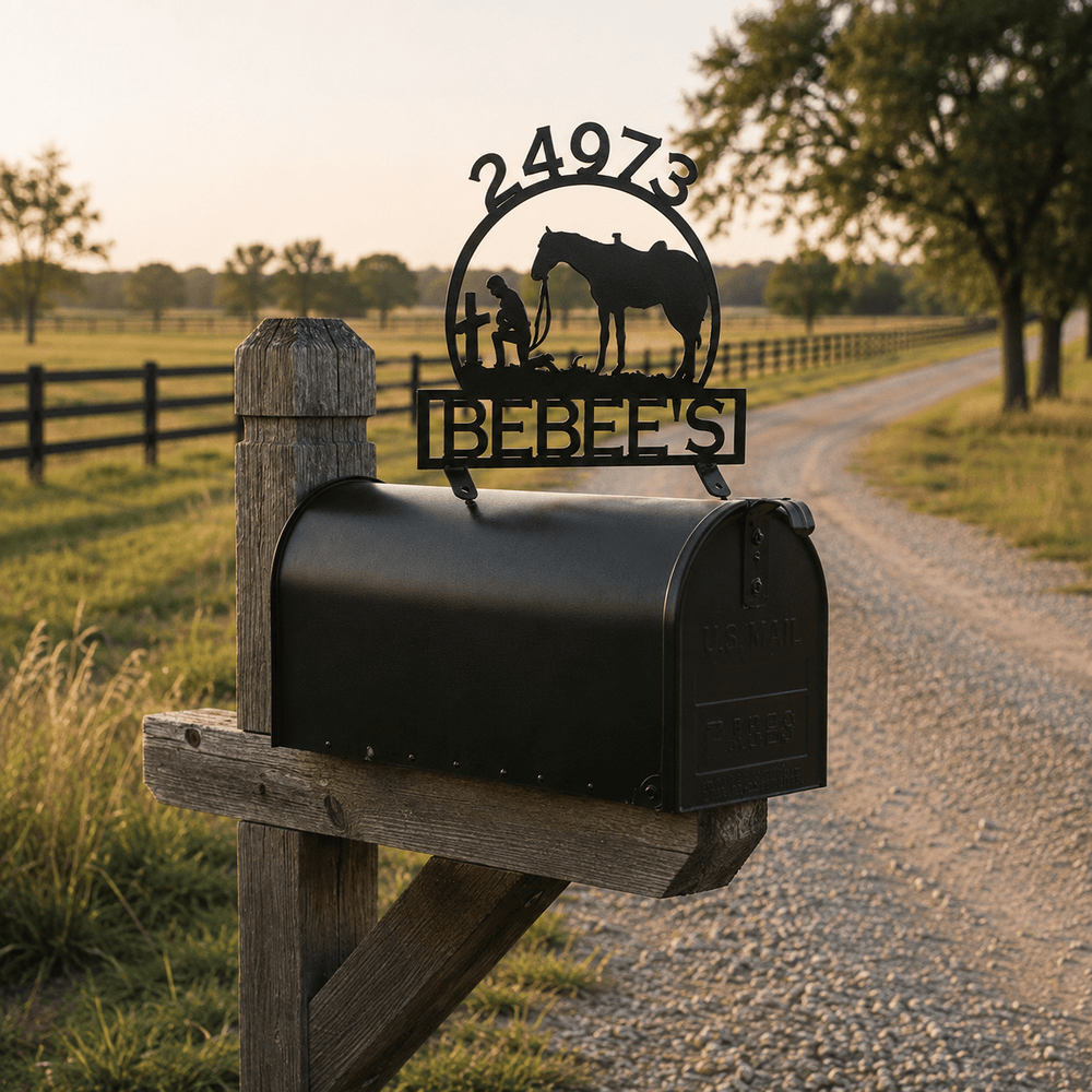 Rusty Rooster Fabrication & Design Praying Cowboy Personalized Mailbox Topper (Z28)