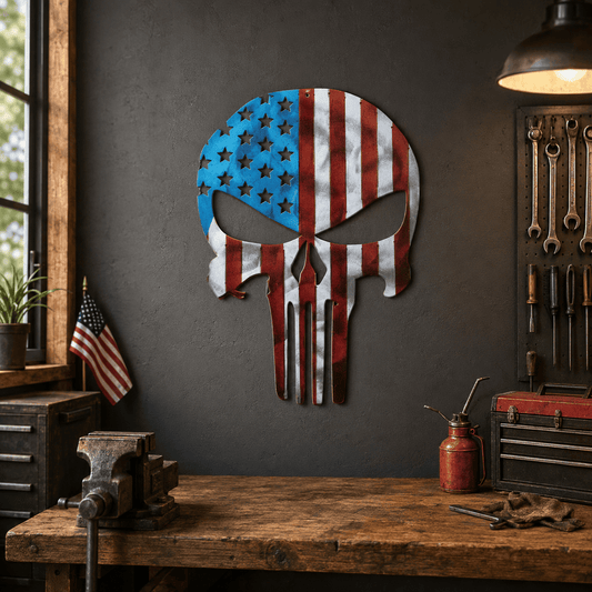 Rusty Rooster Fabrication & Design Punisher Skull Flag Metal Wall Art (E33)