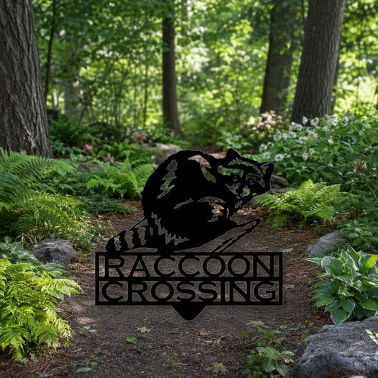 Rusty Rooster Fabrication & Design Raccoon Crossing Metal Garden Stake (A77)