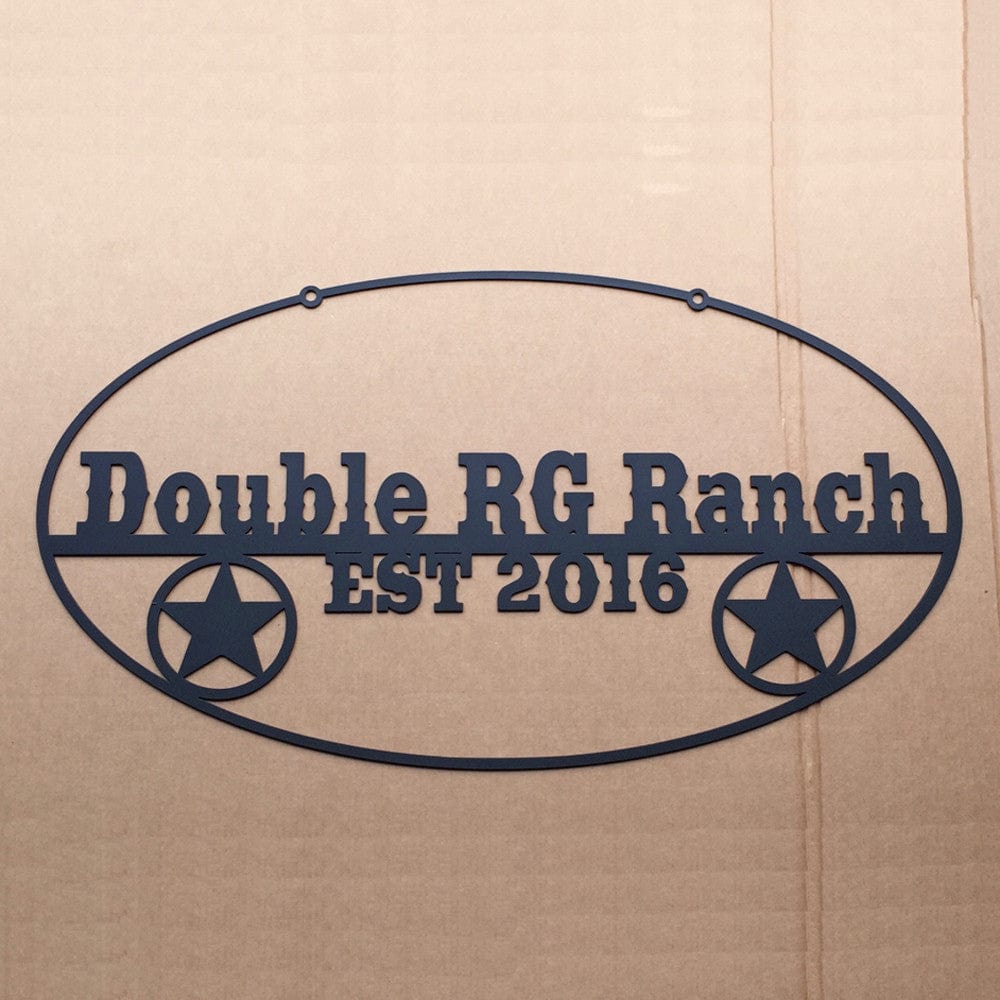 Metal Ranch Sign with Wagon Wheels and Personalized Text Field