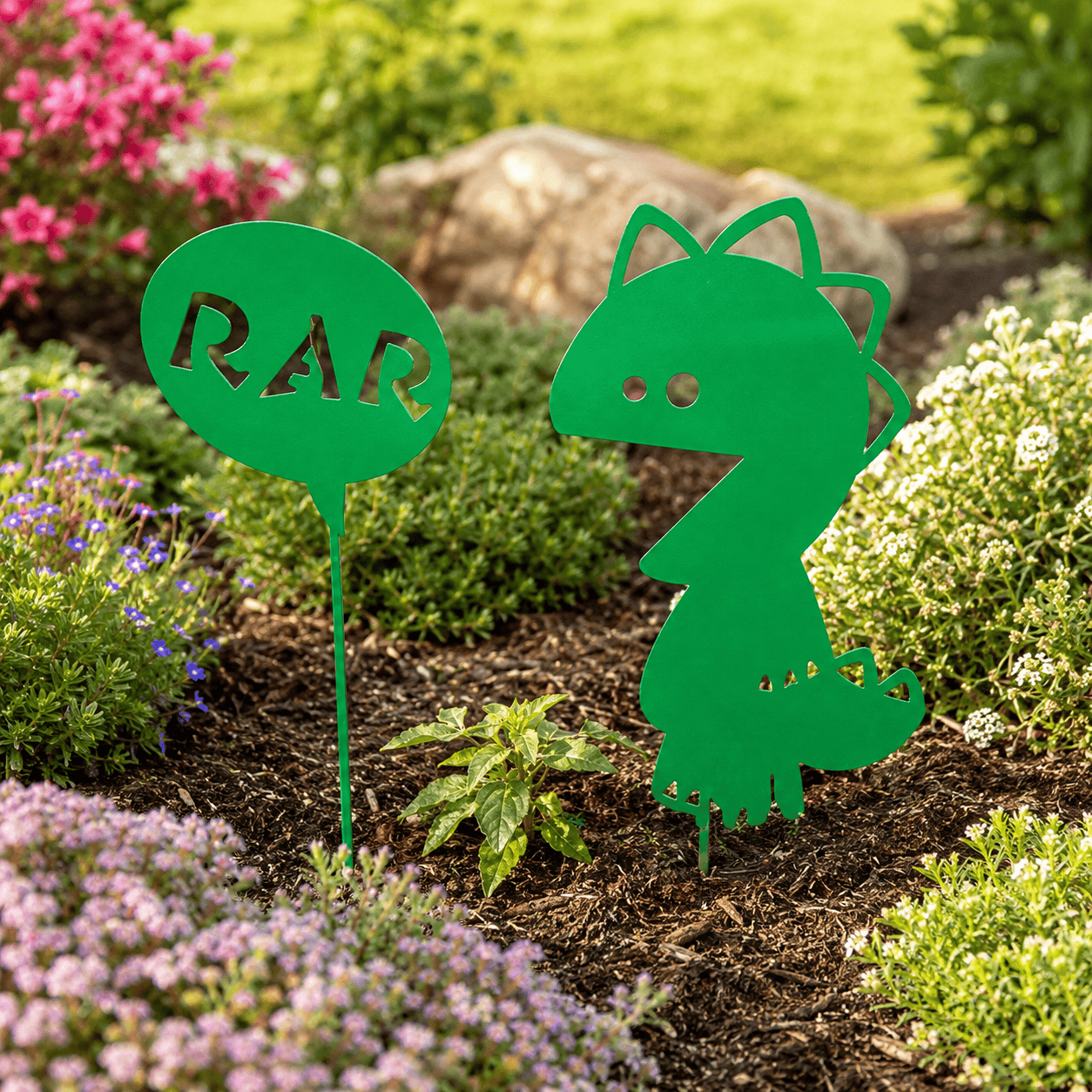 RAR Dinosaur Metal Garden Stakes – Two-Piece Yard Decor