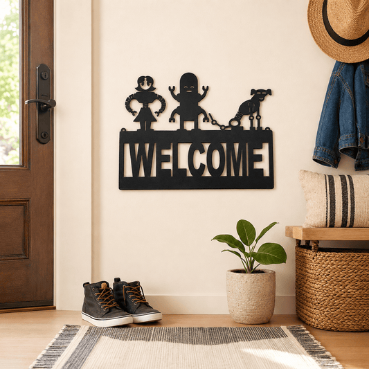 Rusty Rooster Fabrication & Design Robot Family & Dog Welcome Metal Sign (Q8)
