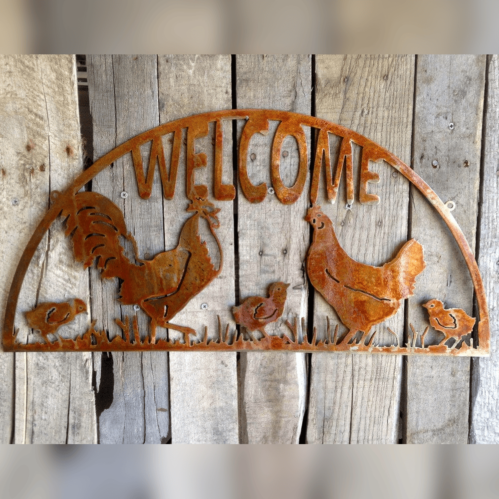 Rusty Rooster Fabrication & Design Rooster, Hen & Chicks Welcome Metal Sign (X30)