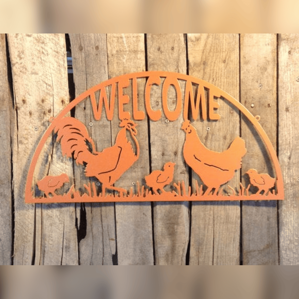 Rusty Rooster Fabrication & Design Rooster, Hen & Chicks Welcome Metal Sign (X30)