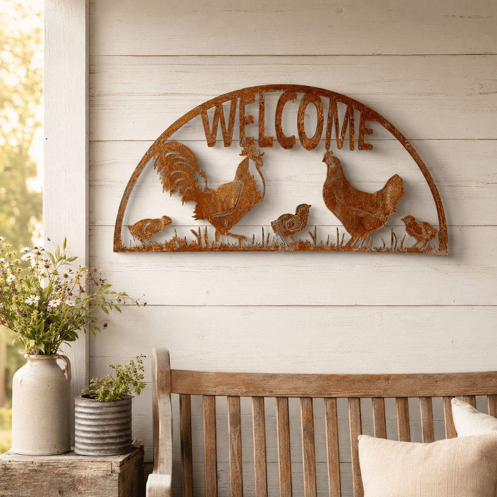 Rusty Rooster Fabrication & Design Rooster, Hen & Chicks Welcome Metal Sign (X30)