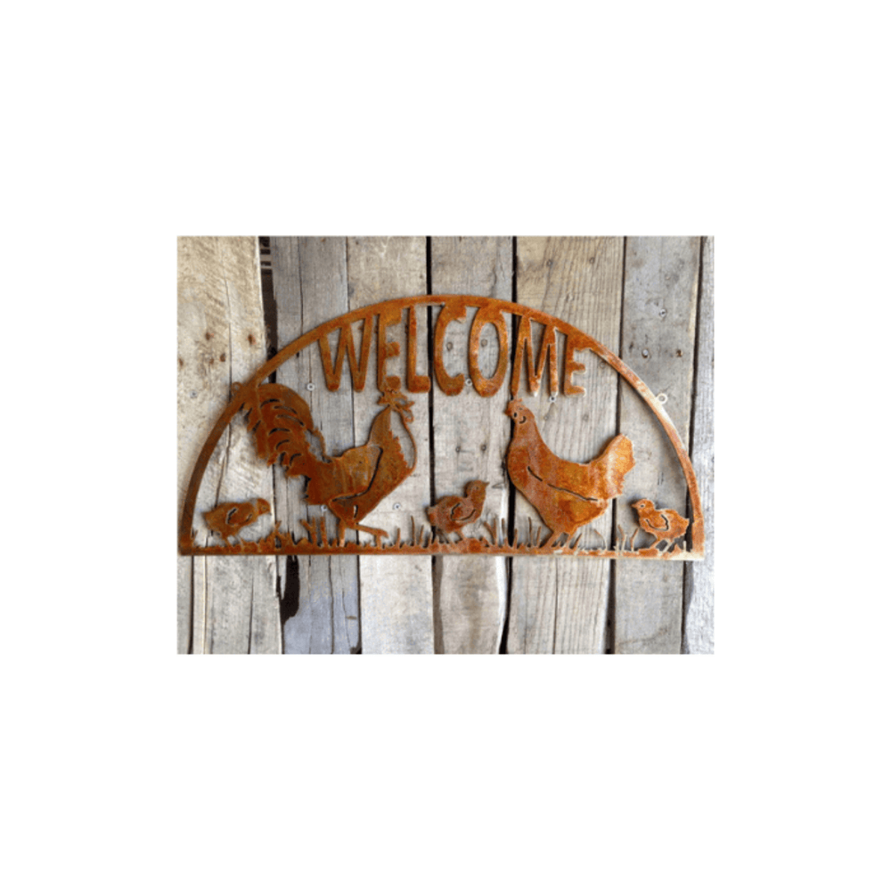 Rusty Rooster Fabrication & Design Rooster, Hen & Chicks Welcome Metal Sign (X30)