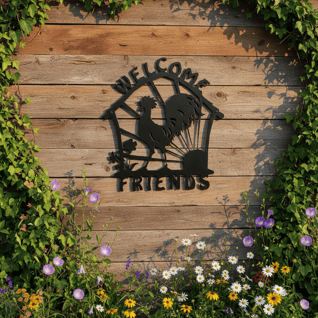 Rooster Welcome Friends Metal Sign | Farmhouse Steel Wall Art 11.5" x 12.5"
