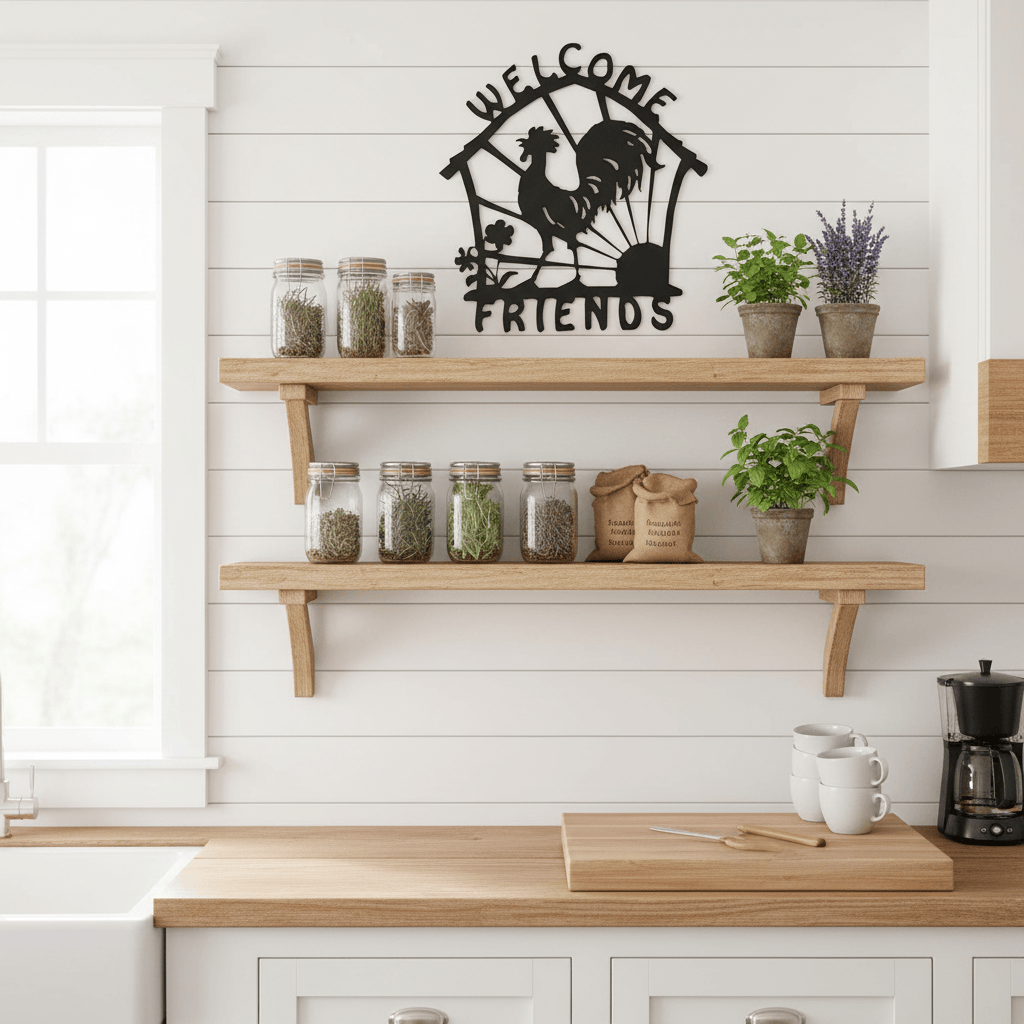 Rooster Welcome Friends Metal Sign | Farmhouse Steel Wall Art 11.5" x 12.5"