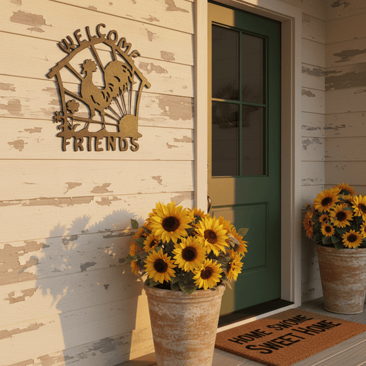 Rooster Welcome Friends Metal Sign | Farmhouse Steel Wall Art 11.5" x 12.5"