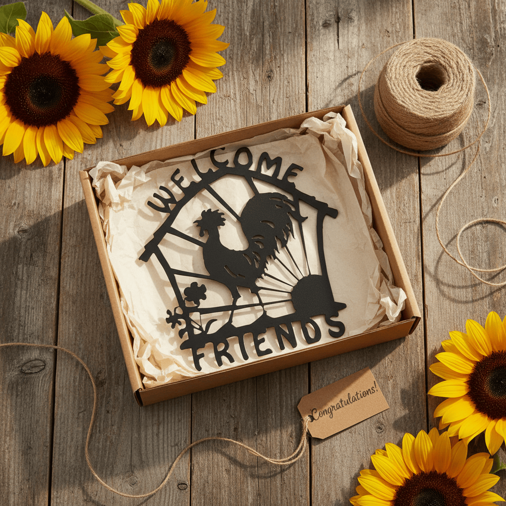 Rooster Welcome Friends Metal Sign | Farmhouse Steel Wall Art 11.5" x 12.5"