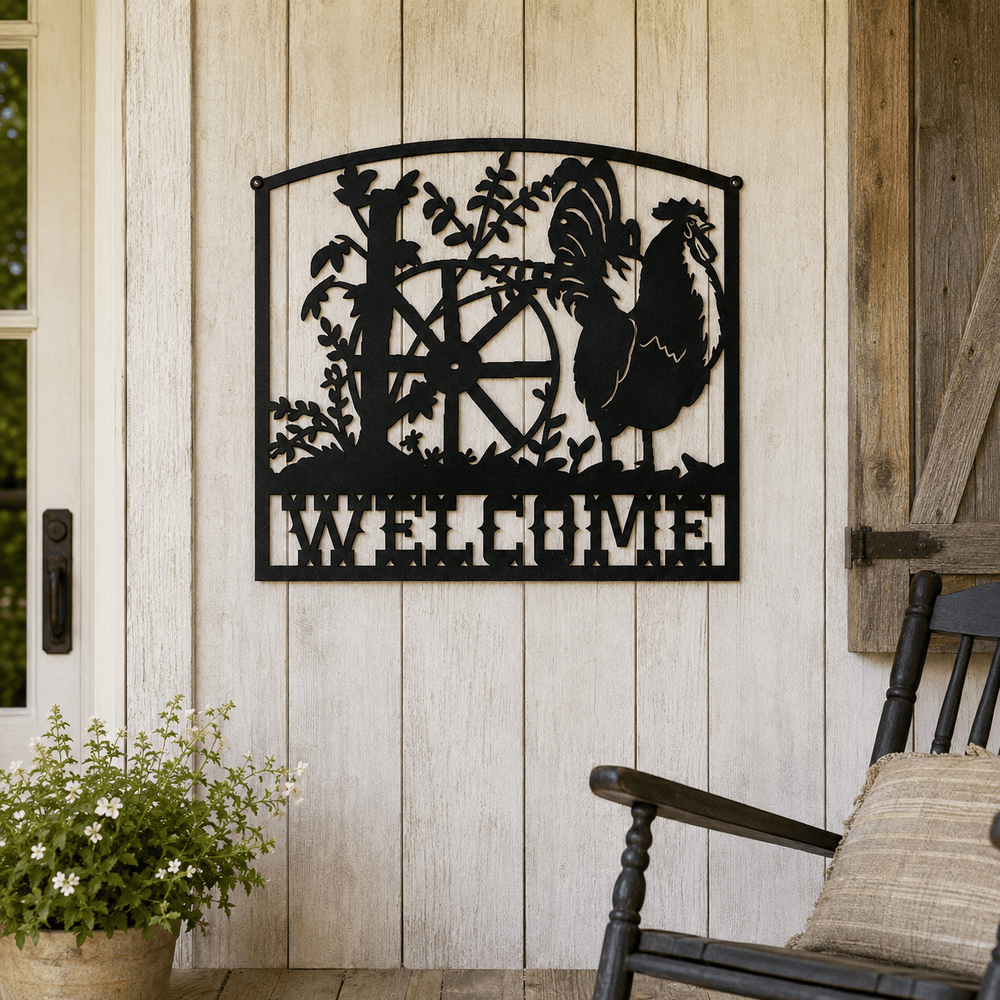 Rusty Rooster Fabrication & Design Rooster Welcome Metal Sign – Farmhouse Decor (B25)