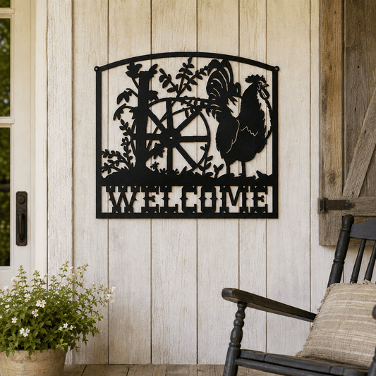Rusty Rooster Fabrication & Design Rooster Welcome Metal Sign – Farmhouse Decor (B25)