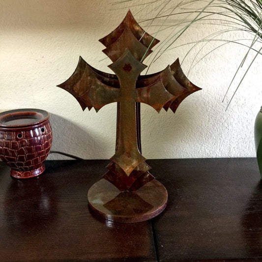 Rusty Rooster Fabrication & Design Rust Patina Beautiful 3 Layer Cross on a Base by Rusty Rooster Metal (R27)