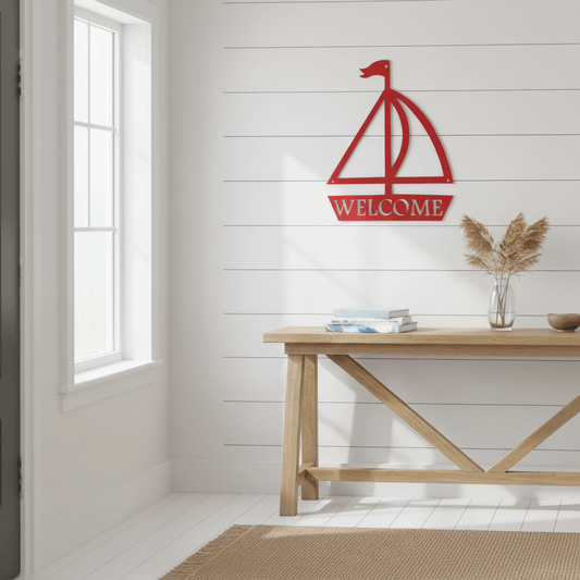 Sailboat Welcome Metal Wall Art | Nautical Steel Sign 14" x 18"