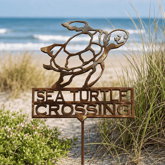 Rusty Rooster Fabrication & Design Sea Turtle Crossing Metal Garden Stake (Z7)