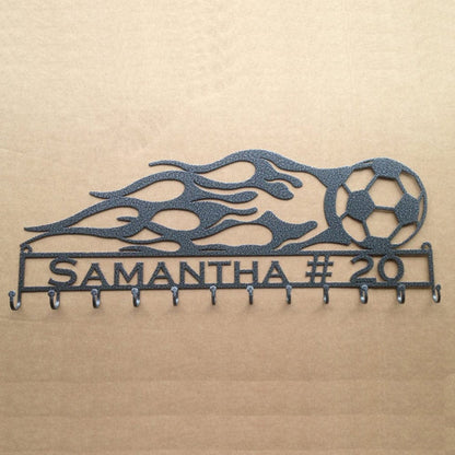Rusty Rooster Fabrication & Design Soccer Ball with Flames and Custom Text Box and 12 Hooks (H20)