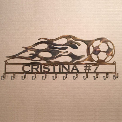 Rusty Rooster Fabrication & Design Soccer Ball with Flames and Custom Text Box and 12 Hooks (H20)