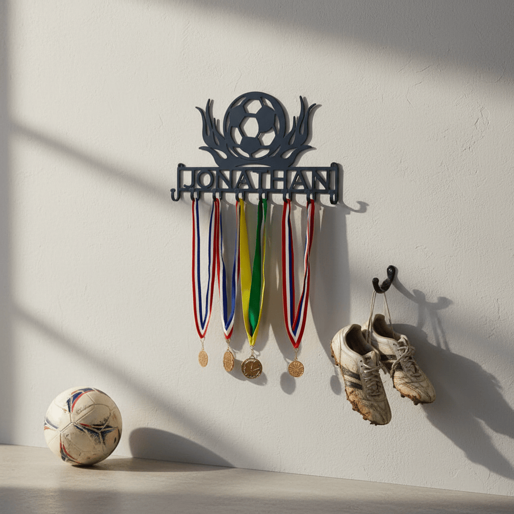 Rusty Rooster Fabrication & Design Soccer Lover’s Flaming Medal Display Rack (Y27)