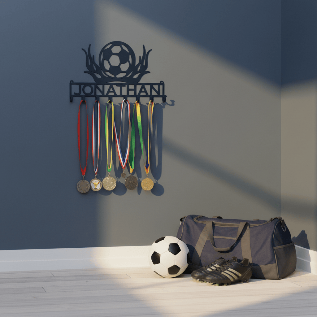 Rusty Rooster Fabrication & Design Soccer Lover’s Flaming Medal Display Rack (Y27)