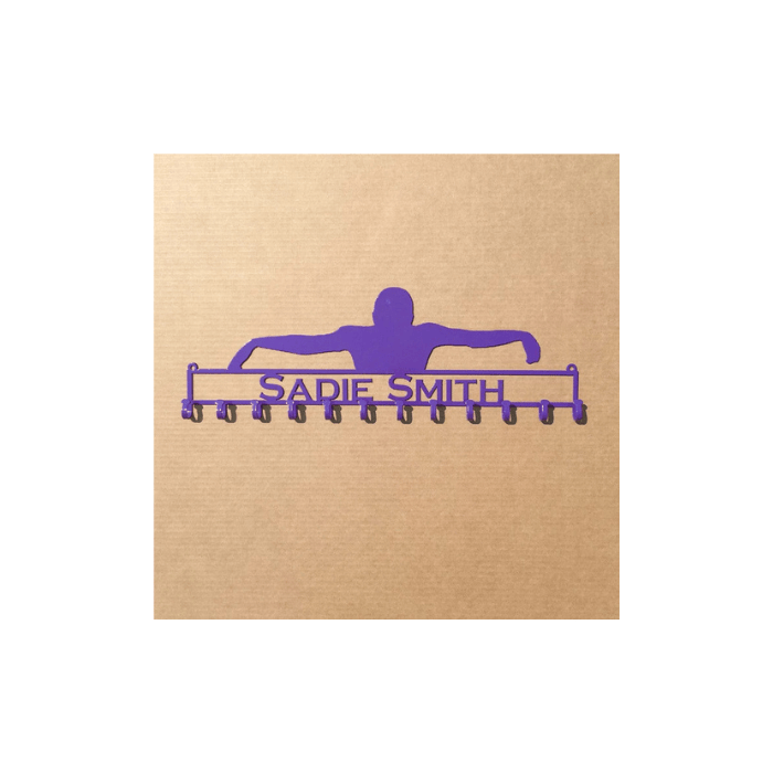 Rusty Rooster Fabrication & Design Swimmer Medal Rack with Personalized Text Field (V22)