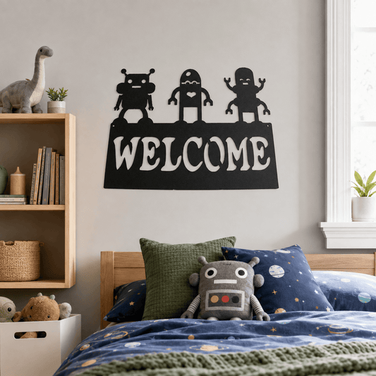 Rusty Rooster Fabrication & Design Three Robots Welcome Metal Wall Art (R)