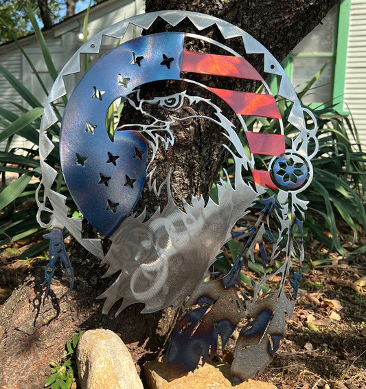 Rusty Rooster Fabrication & Design Trible american eagle with feathers and wraped in old glory C84