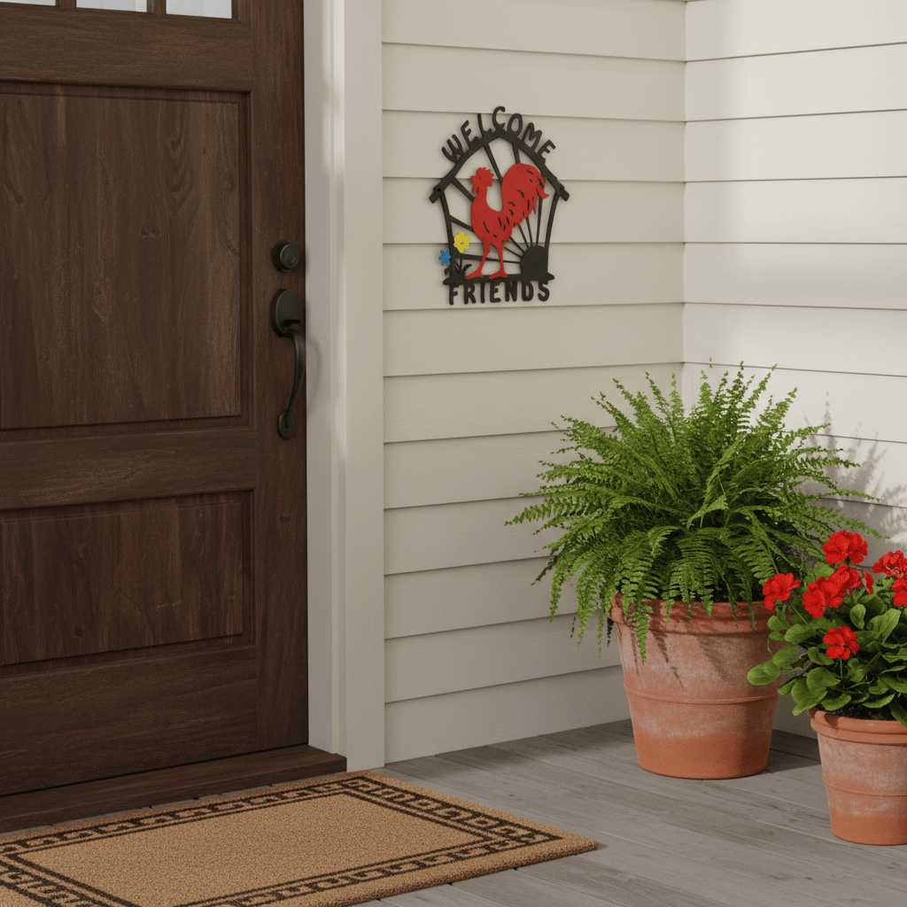 Rusty Rooster Fabrication & Design Welcome Friends Sign with Red Rooster and Blue and Yellow Flowers  (W11)