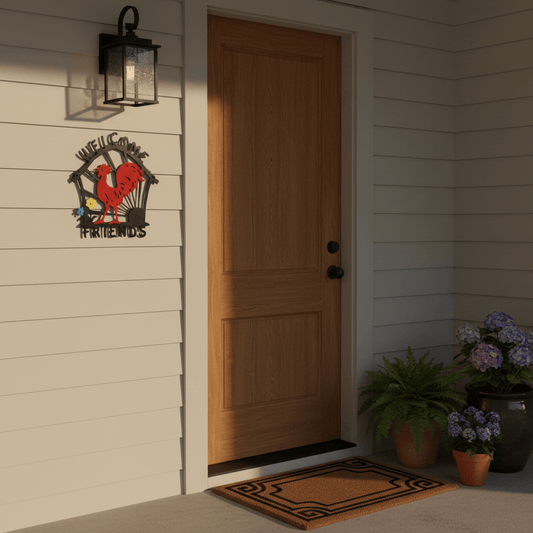 Rusty Rooster Fabrication & Design Welcome Friends Sign with Red Rooster and Blue and Yellow Flowers  (W11)