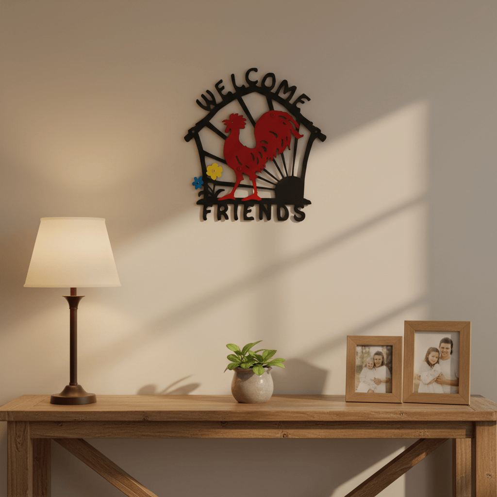 Rusty Rooster Fabrication & Design Welcome Friends Sign with Red Rooster and Blue and Yellow Flowers  (W11)