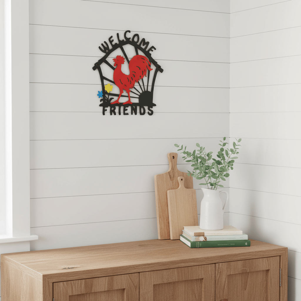 Rusty Rooster Fabrication & Design Welcome Friends Sign with Red Rooster and Blue and Yellow Flowers  (W11)