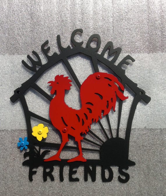 Rusty Rooster Fabrication & Design Welcome Friends Sign with Red Rooster and Blue and Yellow Flowers  (W11)
